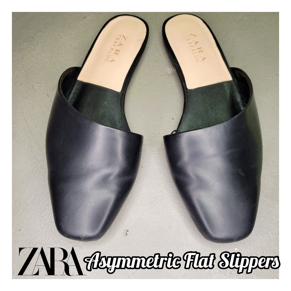 🖤ZARA Black Leather Asymmetric Flat Slippers Size 6 [EUC] 🖤